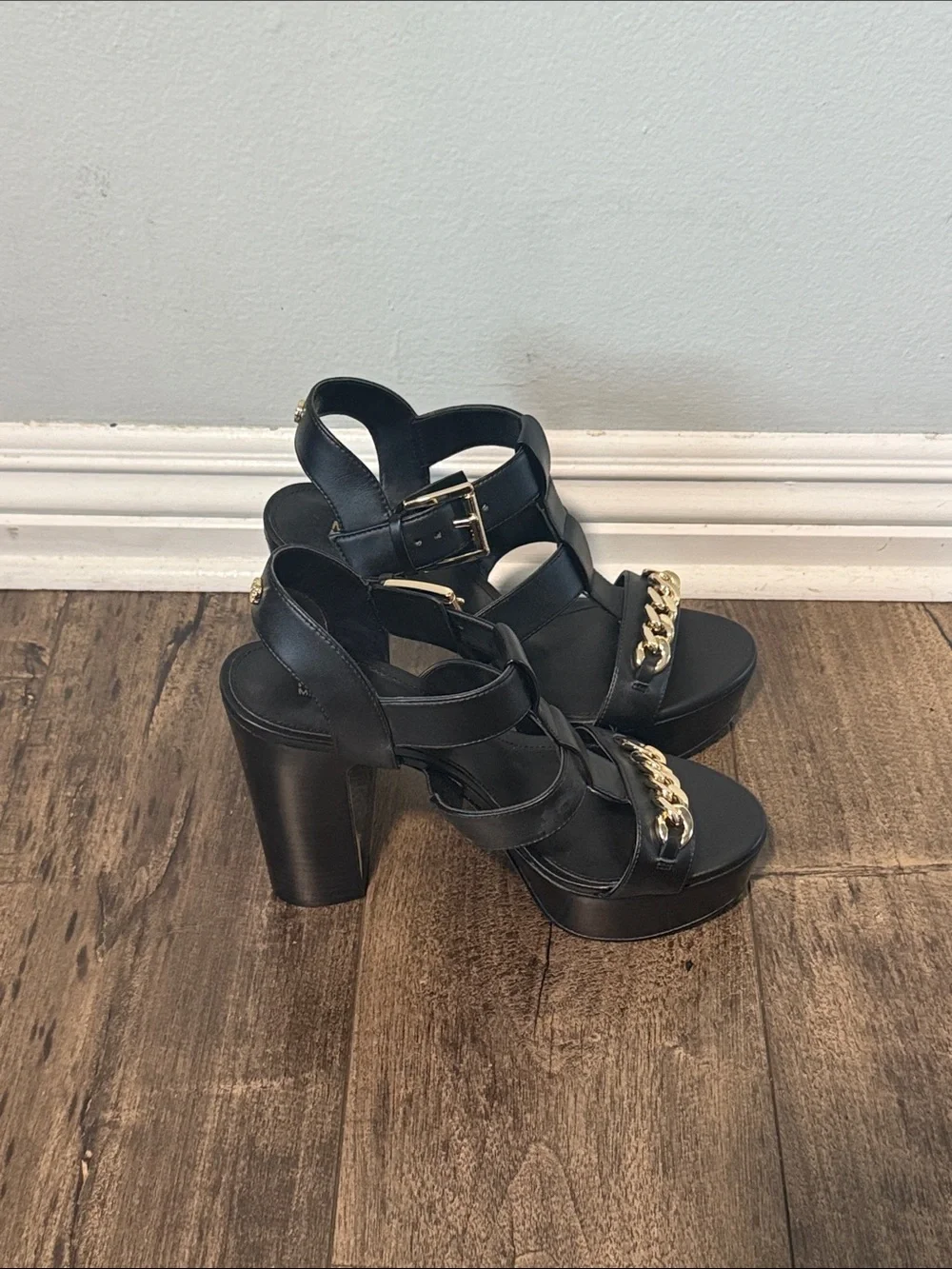Michael Kors Black Platform Sandals with Gold Chain